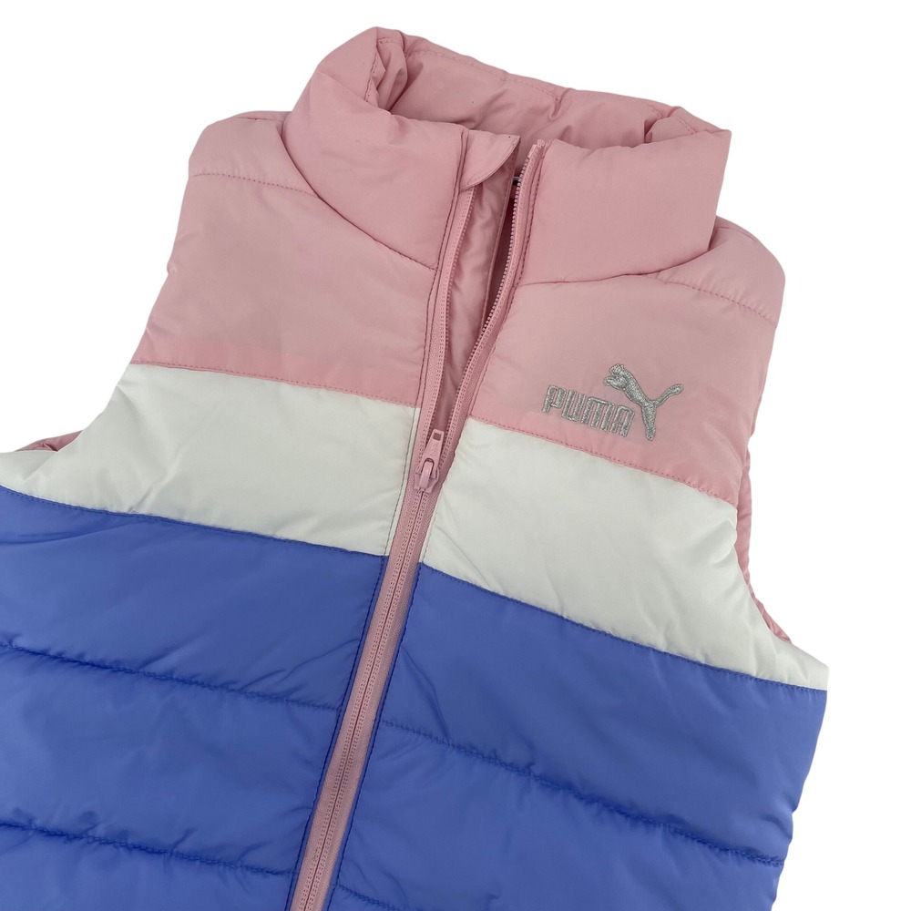Puma Puffer Vest Sleeveless Padded‎ Full Zip Pink Blue White Kids S 7/8